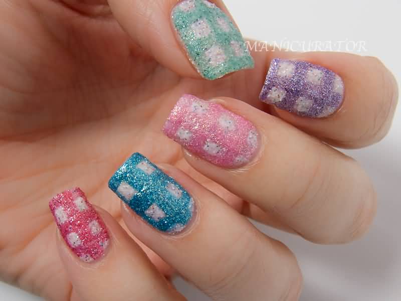 Sparkle Multicolored Gingham Nail Art Design
