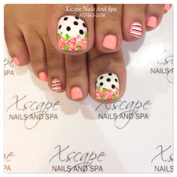 Spring Flowers And Black Dots Toe Nail Art