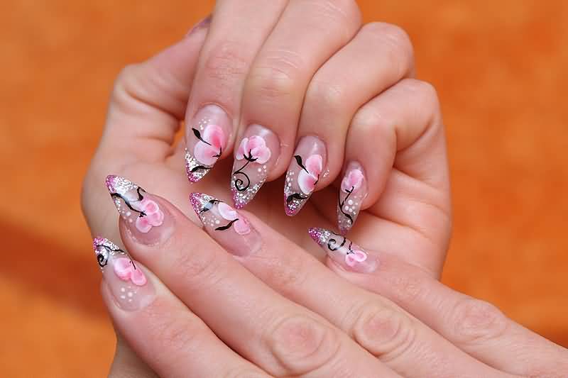 Spring Flowers On Nude Nails With Glitter Tip Design Nail Art