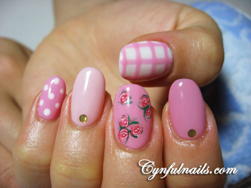 Spring Flowers With Plaid Design And Dots Nail Art