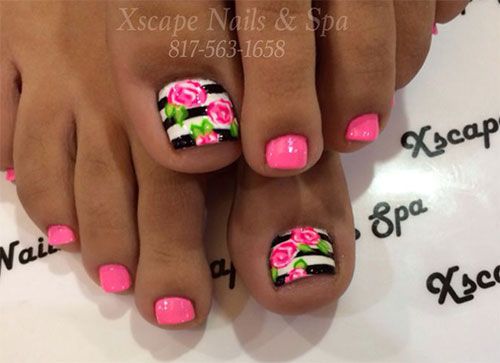 Spring Pink Flowers Toe Nail Art