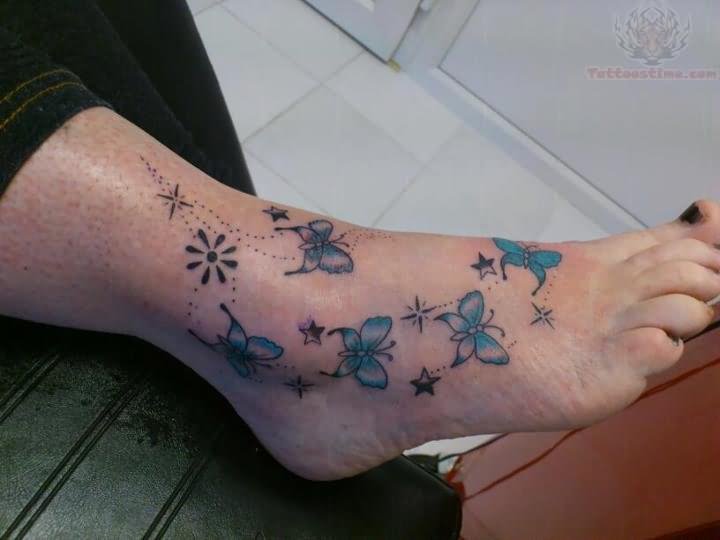 Stars Butterflies Tattoo On Foot For Women