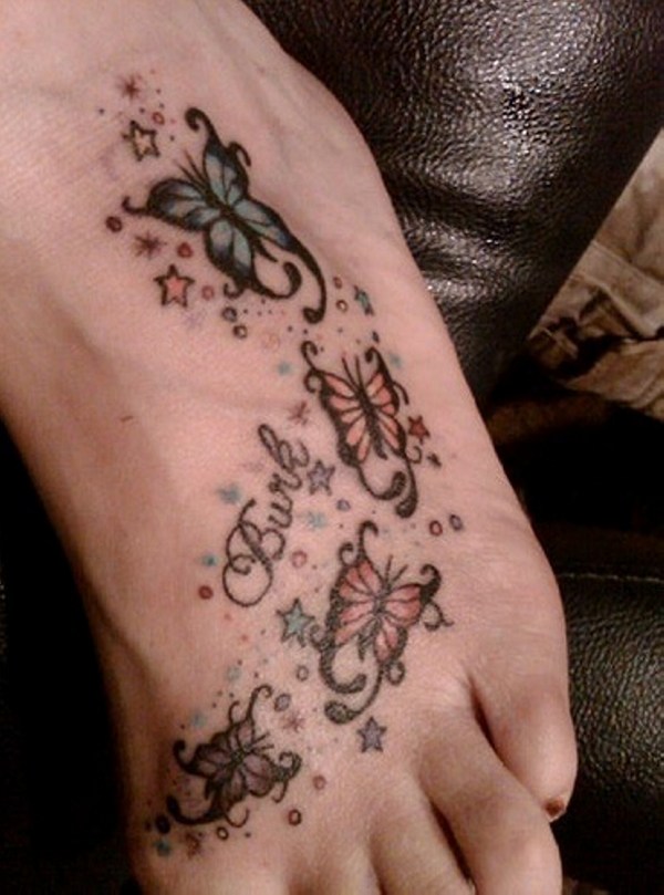 Stars Butterflies With Name Tattoo On Foot