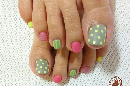 Stripes And Dots Design Spring Toe Nail Art