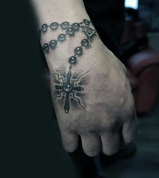 Stylish 3D Rosary Tattoo On Hand For Men