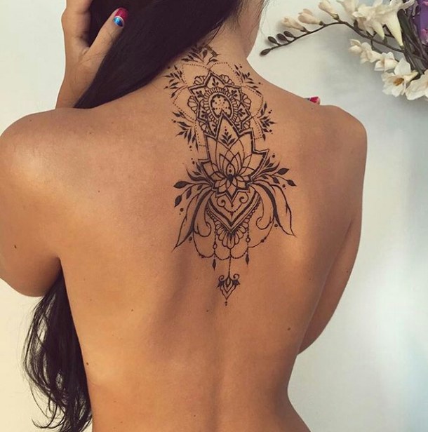 Stylish Black Ink Mandala Tattoo On Upper Back For Girls By Tschissl