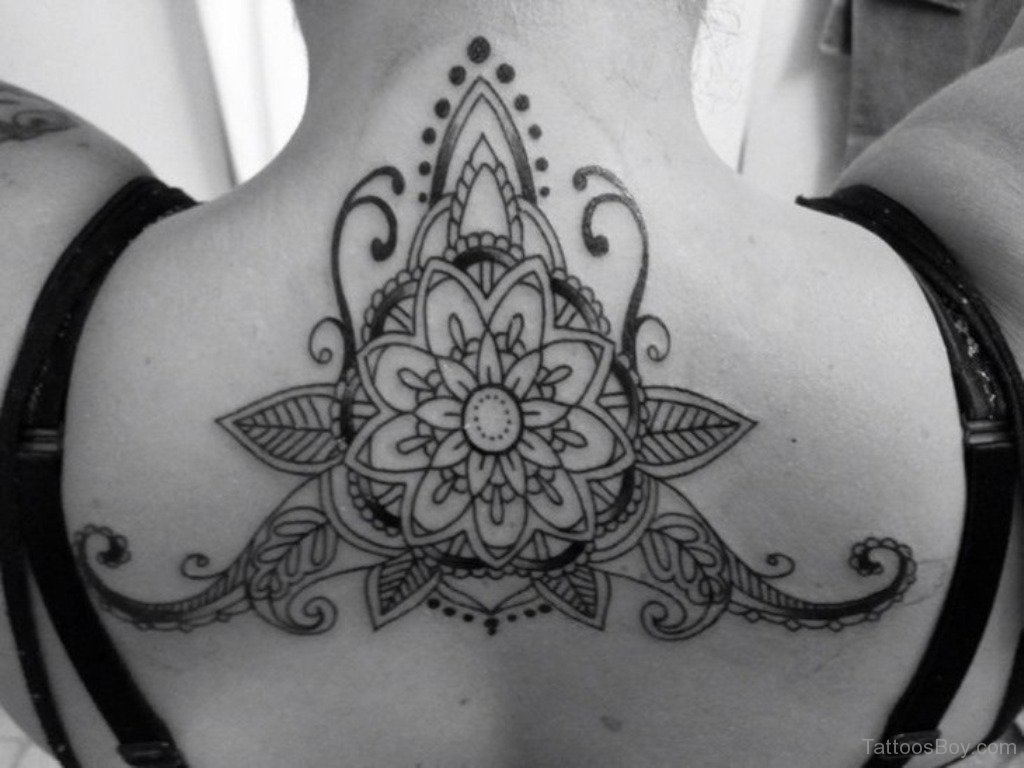 Stylish Mandala Flower Tattoo On Girl Upper Back