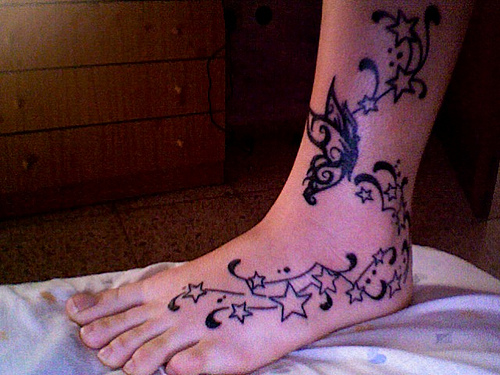 Stylish Stars Butterfly Ankle And Foot Tattoo