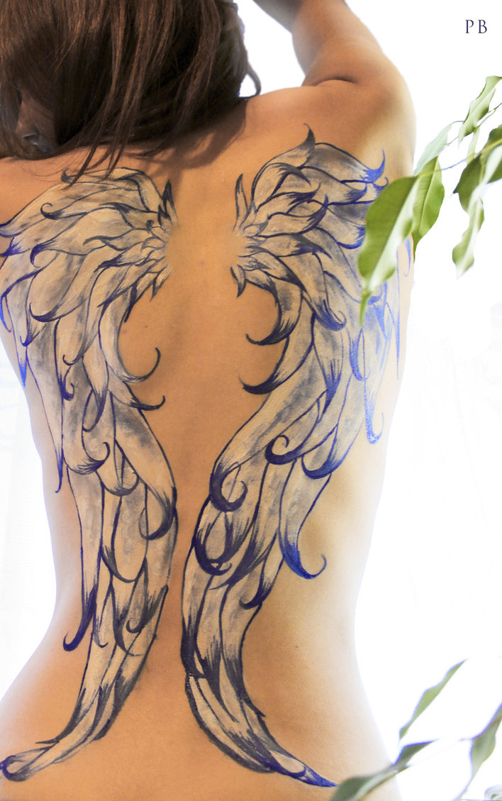 Stylish White Angel Wings Tattoo On Full Back