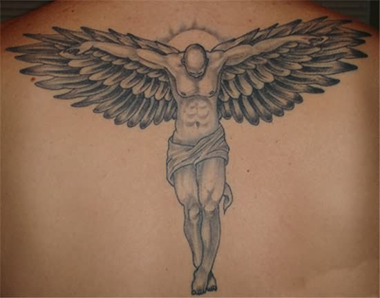 Sun Guardian Angel Tattoo On Upper Back