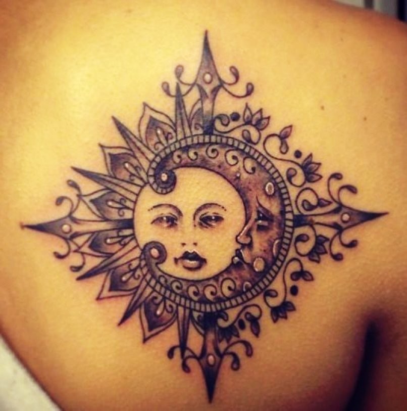 Sun Moon Mandala Tattoo On Back Shoulder