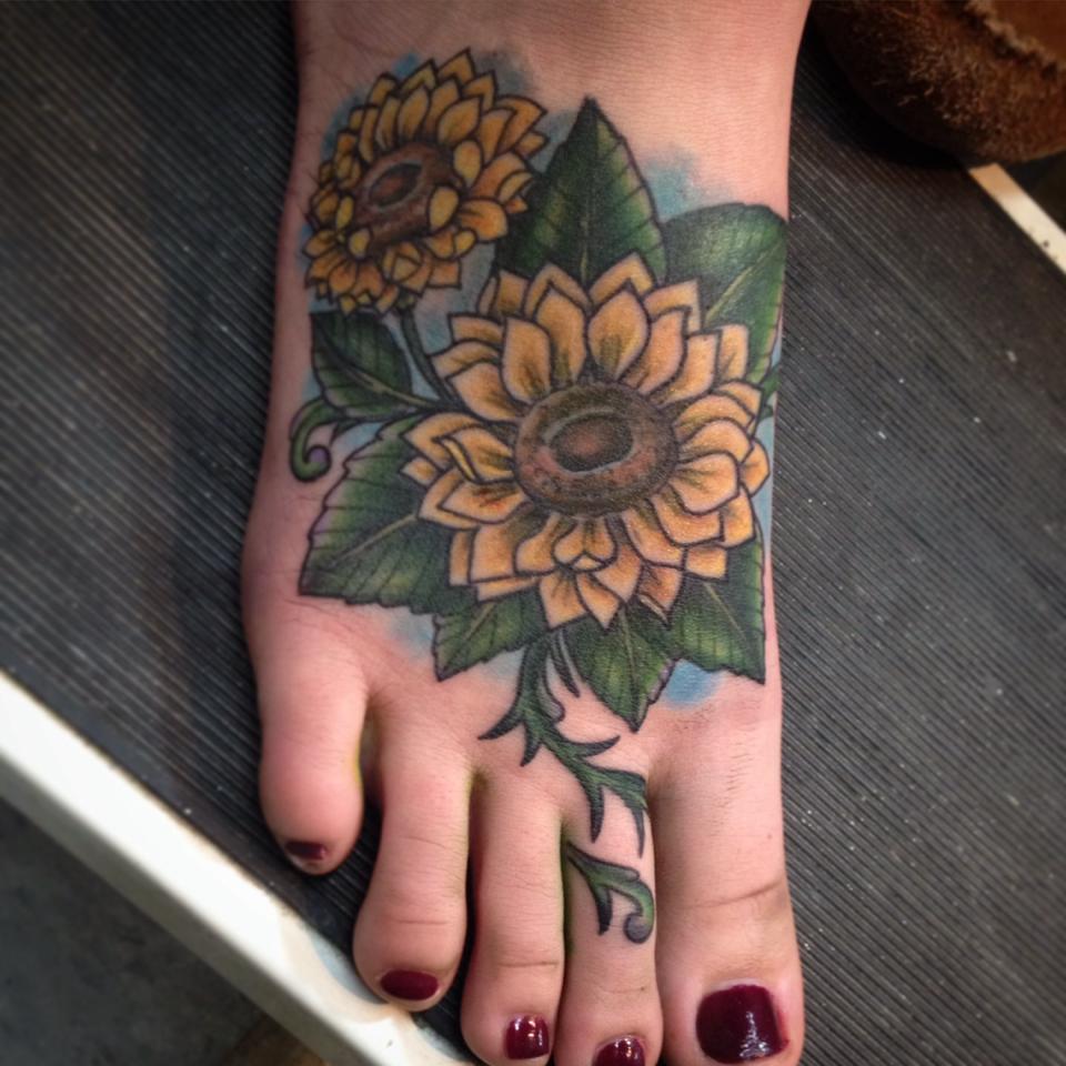 Sunflowers Color Tattoo On Foot For Girls
