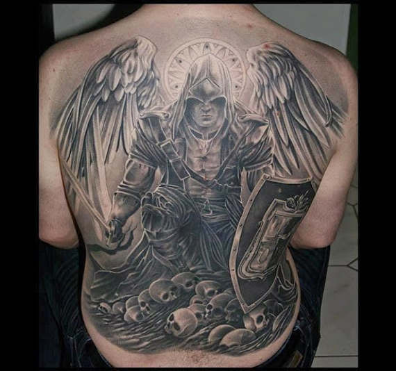 Superb Warrior Angel Tattoo On Back For Men