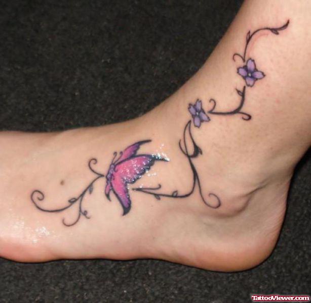 Swirly Butterfly Flowers Foot Tattoo