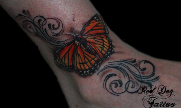 Swirly Monarch Butterfly Tattoo On Ankle