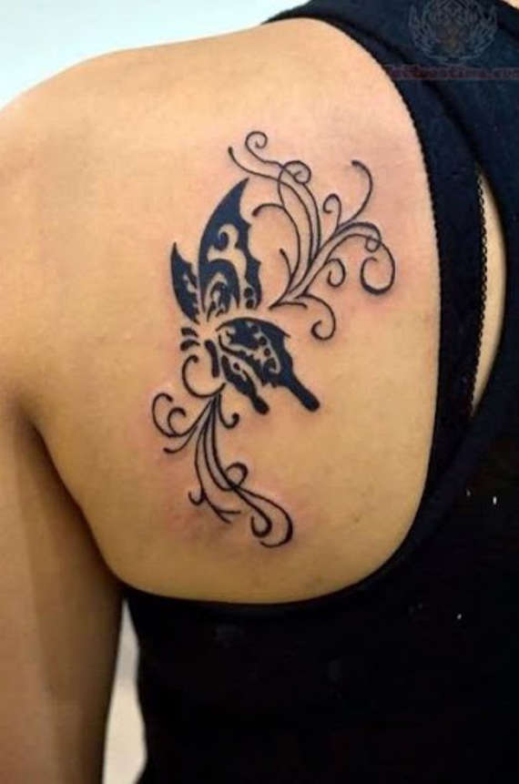 Swirly Tribal Butterfly Tattoo On Back Shoulder