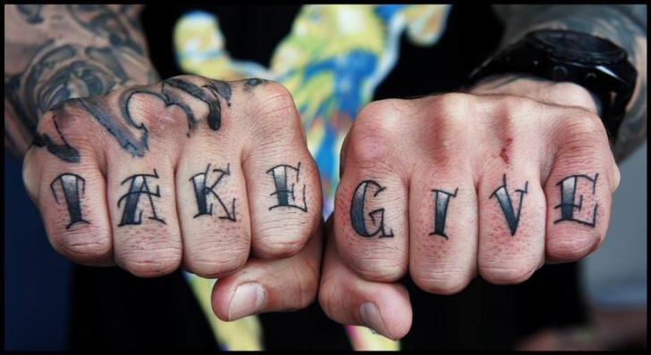 Take Give Lettering Tattoos On Fingers By White Rabbit
