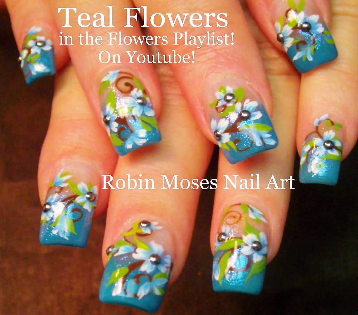 Teal Spring Flowers Nail Art