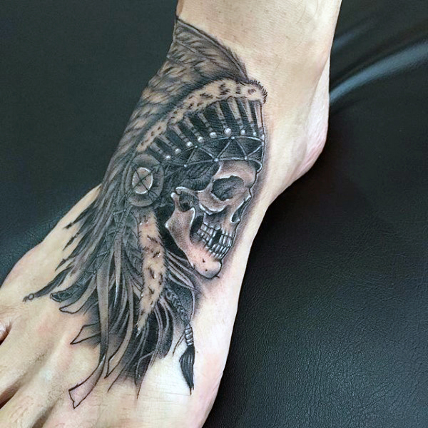 Terrific Native Skull Tattoo On Foot