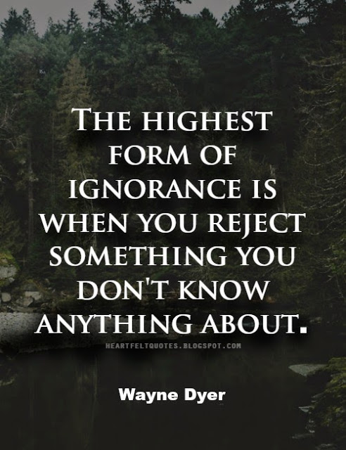 The highest form of ignorance is when you reject something you don't know anything about. Wayne Dyer