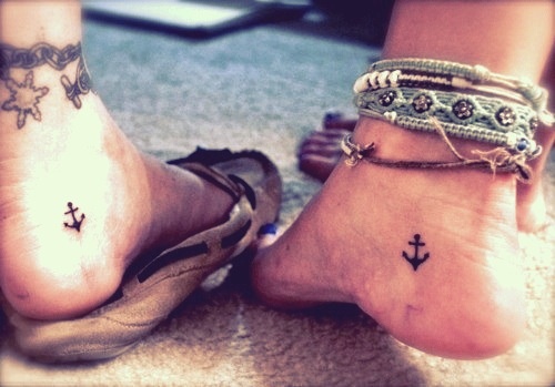 Tiny Anchor Matching Tattoos On Feet