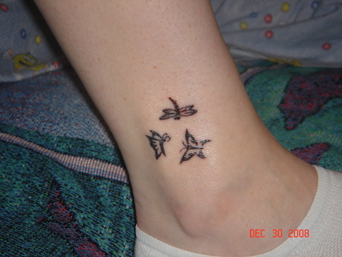 Tiny Butterflies And Dragonfly Tattoo On Ankle