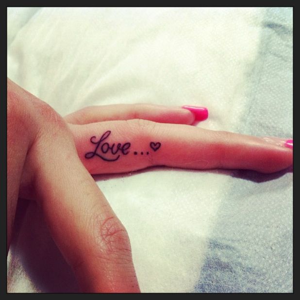 Tiny Heart and Love Tattoo On Side Finger For Girls