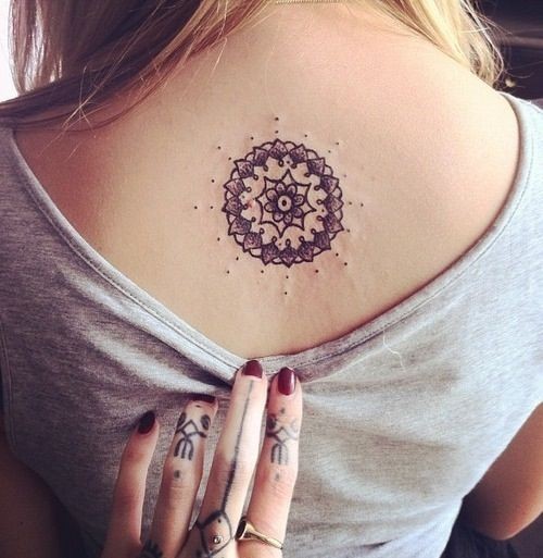 Tiny Mandala Tattoo On Upper Back For Girls