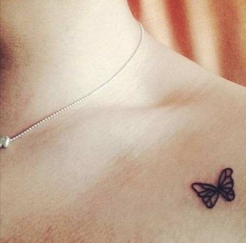 Tiny Simple Butterfly Tattoo On Collarbone