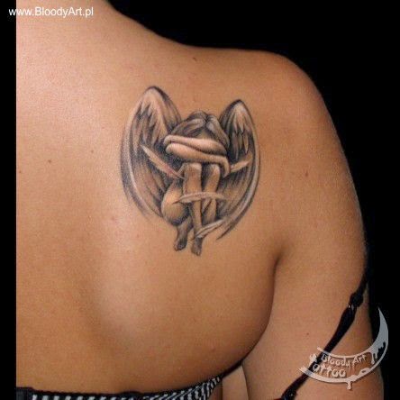 Tiny Weeping Angel Tattoo On Back Shoulder For Girls