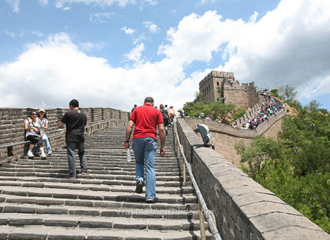 Tourists Walking On Stairs At The Great Wall Of China
