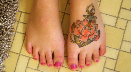 Traditional Anchor Flower Tattoo On Foot For Girls