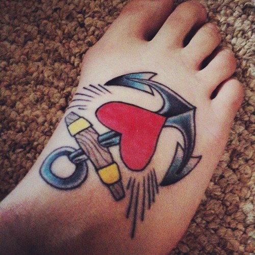 Traditional Anchor Heart Tattoo On Foot