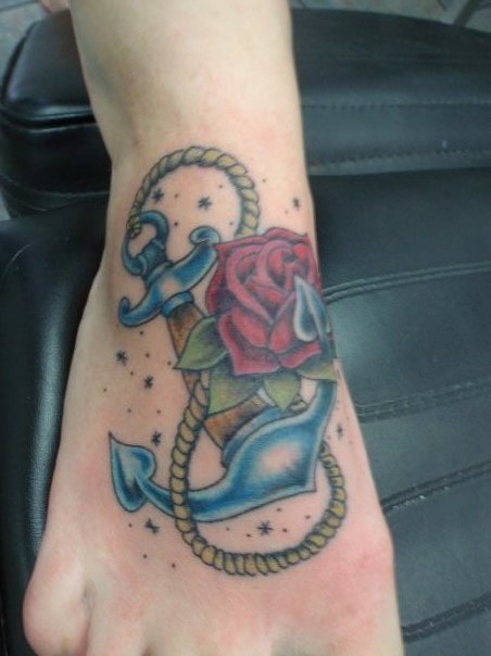 Traditional Anchor With Rope Tattoo On Foot