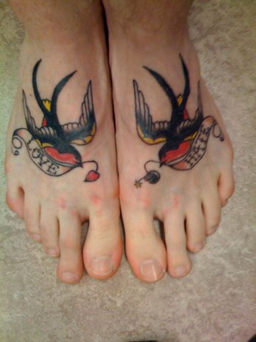 Traditional Banner Birds Tattoos On Feet