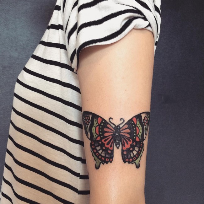 Traditional Butterfly Tattoo On Half Sleeve
