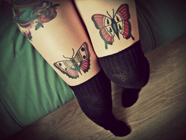 Traditional Butterfly Tattoos On Both Thigh For Girls