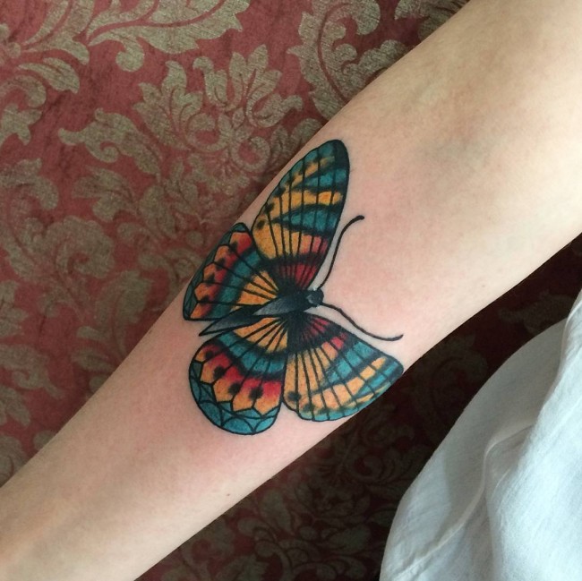 Traditional Colorful Butterfly Tattoo On Arm Sleeve For Girls