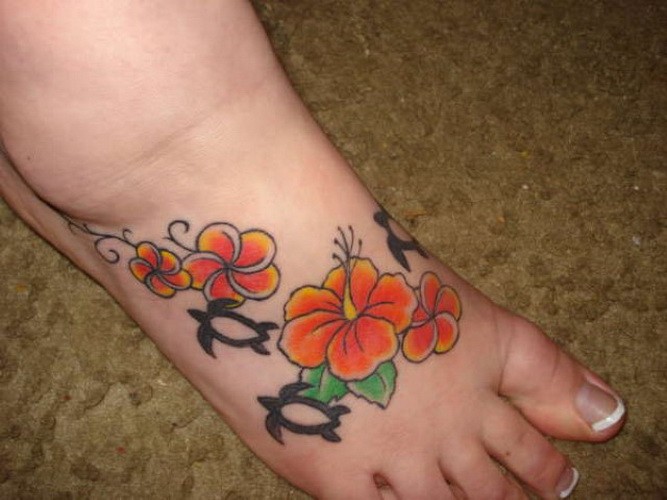 Traditional Hawaiian Flowers Tattoo On Foot