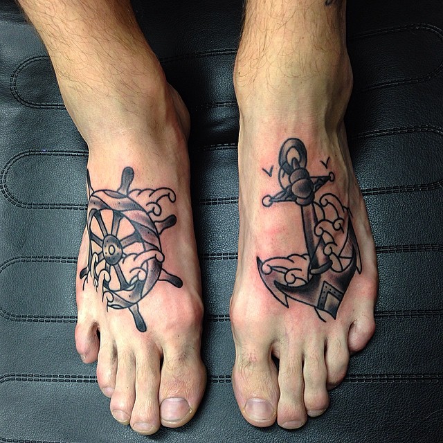 Traditional Navy Tattoos On Both Feet