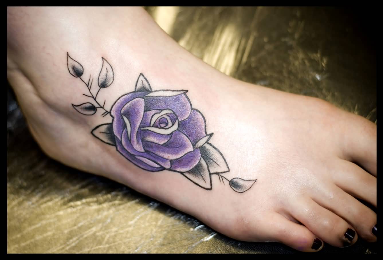 Traditional Purple Rose Tattoo On Foot For Women