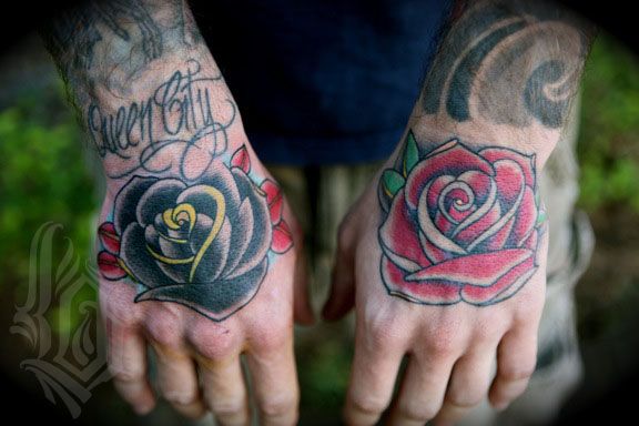 Traditional Red And Black Rose Tattoos On Both Hands