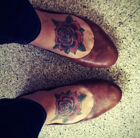 Traditional Red Rose Matching Tattoos On Girl Foot