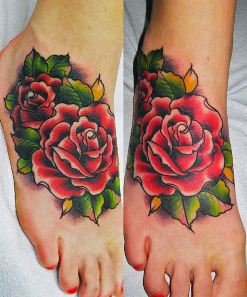Traditional Red Roses Foot Tattoo For Women