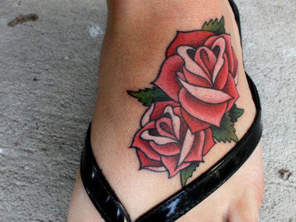 Traditional Red Roses Tattoo On Foot