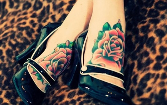 Traditional Rose Matching Tattoos On Foot