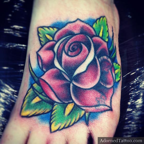 Traditional Rose On Foot Tattoo