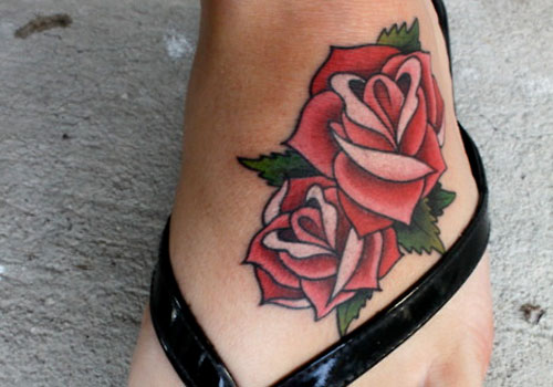 Traditional Roses Foot Tattoo For Girls