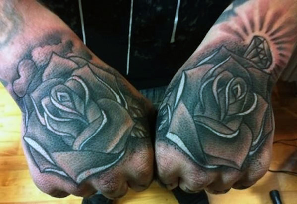 Traditional Roses With Diamond And Heart Tattoo On Both Hands For Men
