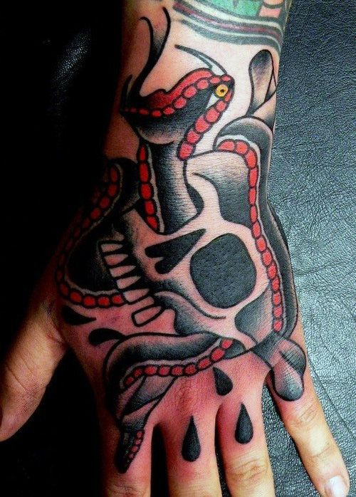 Traditional Snake Skull Tattoo On Hand For Men